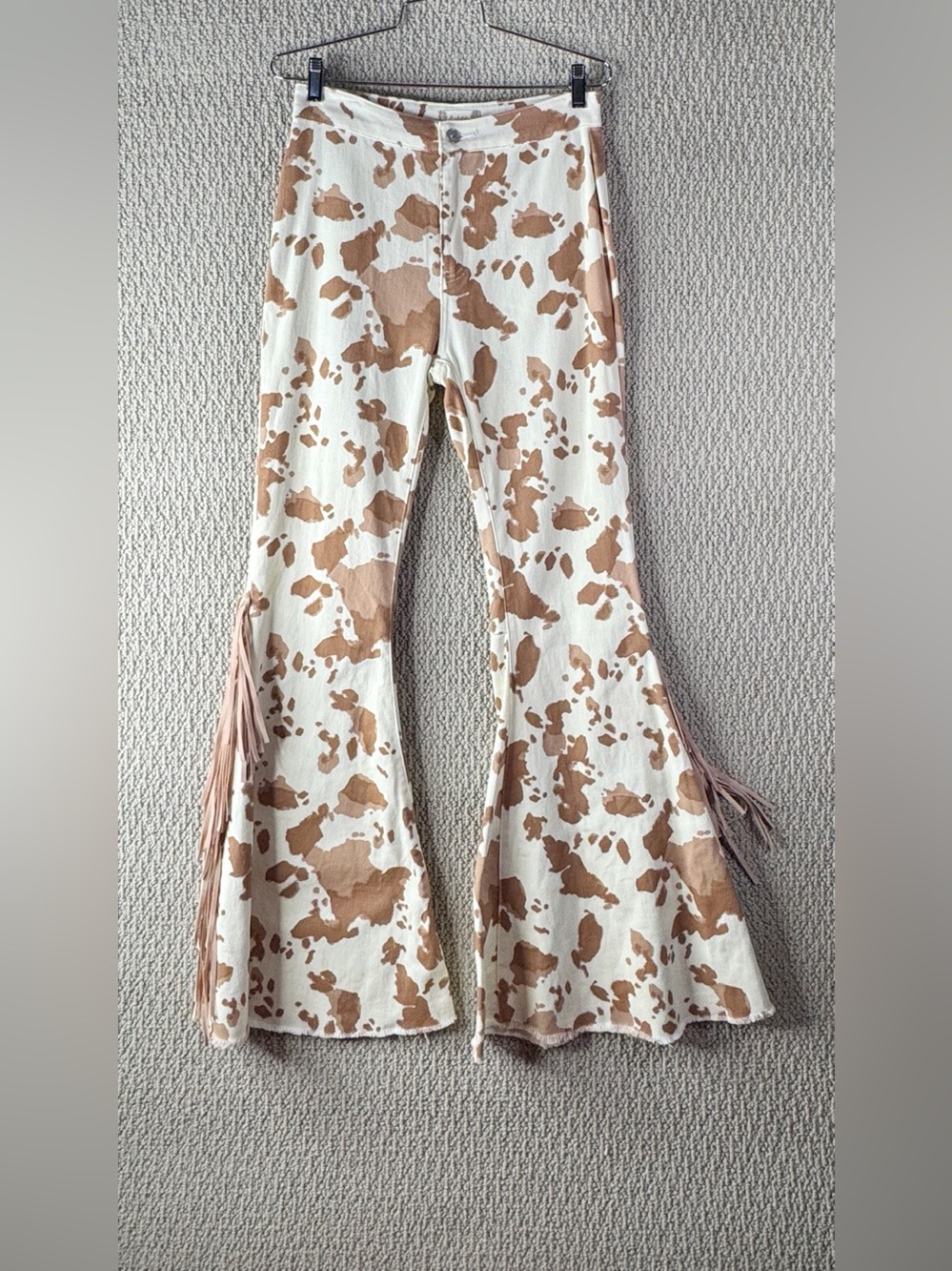 Altar’d State Cow Print Flare Pants M Fringe Western Boho Rodeo Festival Boho - Picture 9 of 9